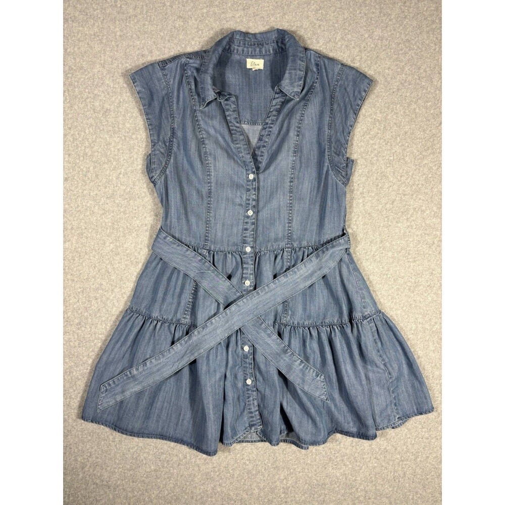 Elan Cotton Tie-Waist Denim Tiered Shirt Dress Cowgirl Festival Boho Size Medium